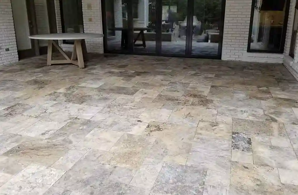 Travertine paver backyard design in Frisco Texas