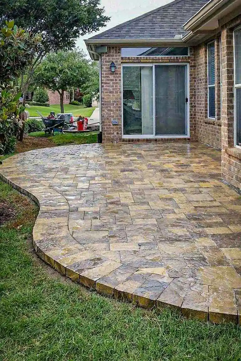 Curved concrete paver patio installation in Dallas Texas