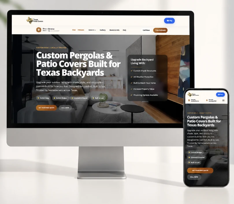 Custom pergolas and patio covers project sample website shown on desktop monitor and mobile phone