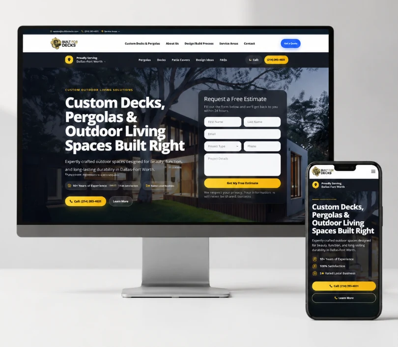 Decks, pergolas, and outdoor living project sample website shown on desktop monitor and mobile phone