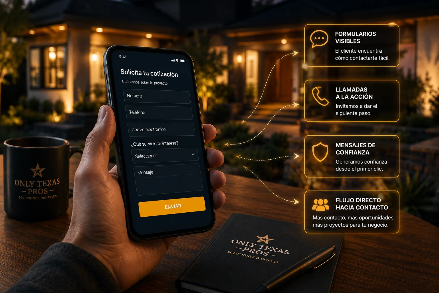 Phone showing a quote request form with calls to action and a direct customer contact flow.