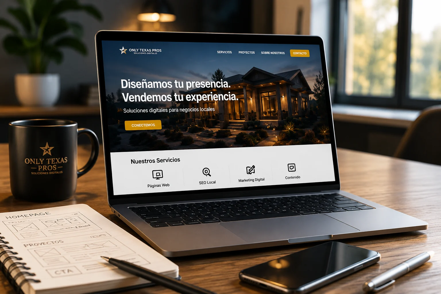 Laptop showing a professional website for a local business with services, projects, and contact buttons.
