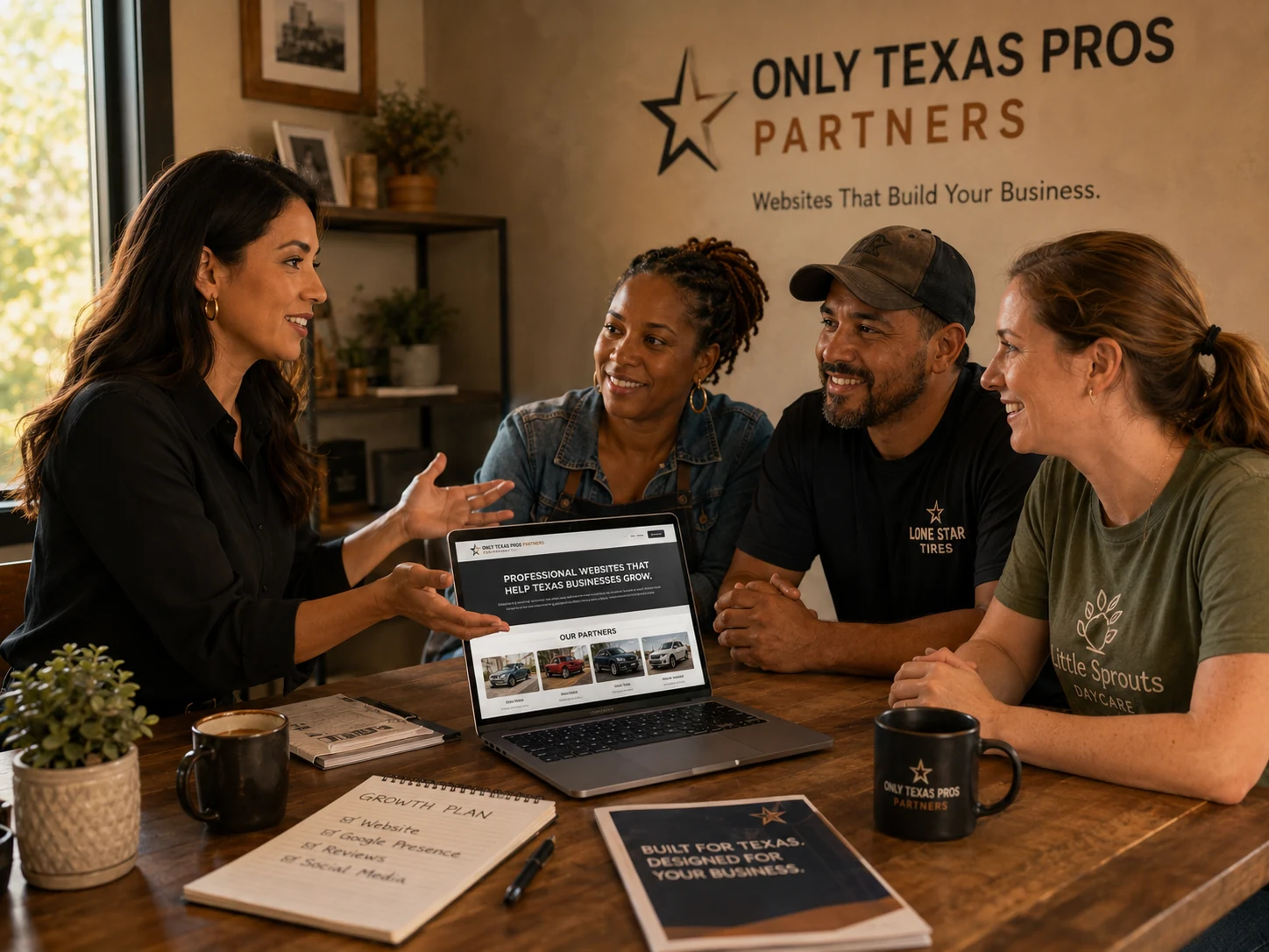 Only Texas Pros partner presenting sample websites to local business owners
