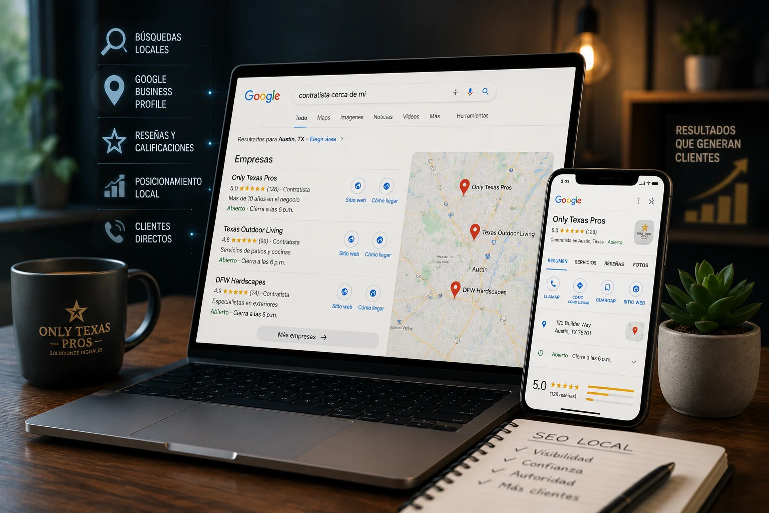 Laptop and phone showing local Google search results, map, reviews, and business profile.
