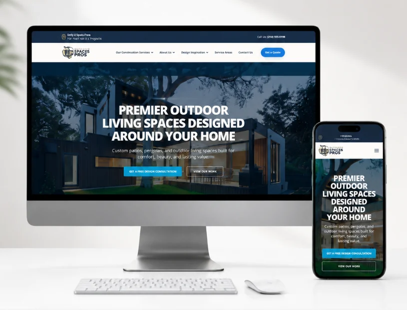 Premier outdoor living project sample website shown on desktop monitor and mobile phone